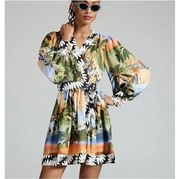 Farm Rio Carioca Mini Wrap Dress Tropical Print M - Picture 1 of 10